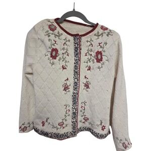 Vintage Floral Embroidered Cardigan Sweater Womens Red Cottagecore Academia